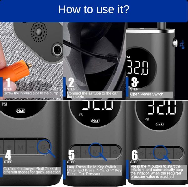 YFJJFY Compressor de ar portátil com inflador de pneu mini com bateria recarregável de 4000 mAh - Image 2
